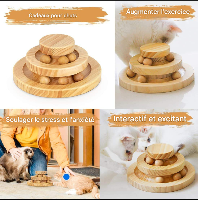 Tourniquet en Bois Massif pour Chat - Jeu de Balle Double Niveau Anti-Ennui