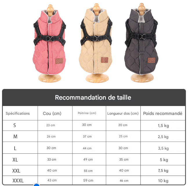 Manteau d'Hiver Matelassé pour Petit Chien - Veste Chaude en Coton avec Harnais Intégré