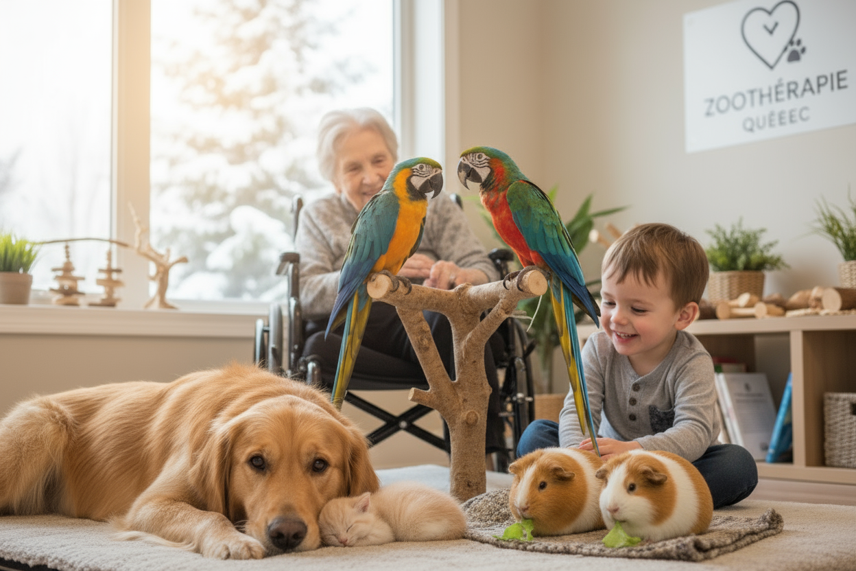 Zoothérapie avec enfant et personne en fauteuil roulant